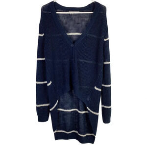 360 Linen Cardigan Sweater Womens Size Medium Striped Navy High Low Lightweight